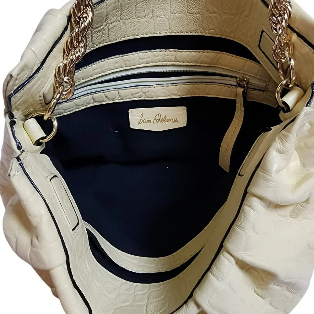 Sam Edelman Cream Croc Embossed Faux Leather Shoulder Bag Gold Chain‎ Strap Hobo